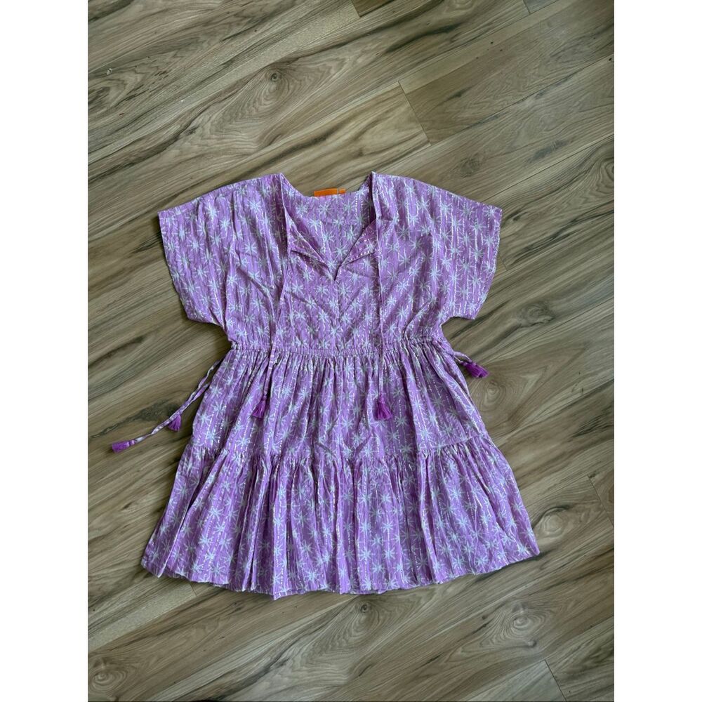 Oliphant Womens Purple Split V-Neck Star Print Tiered Ruffle Mini Dress Small